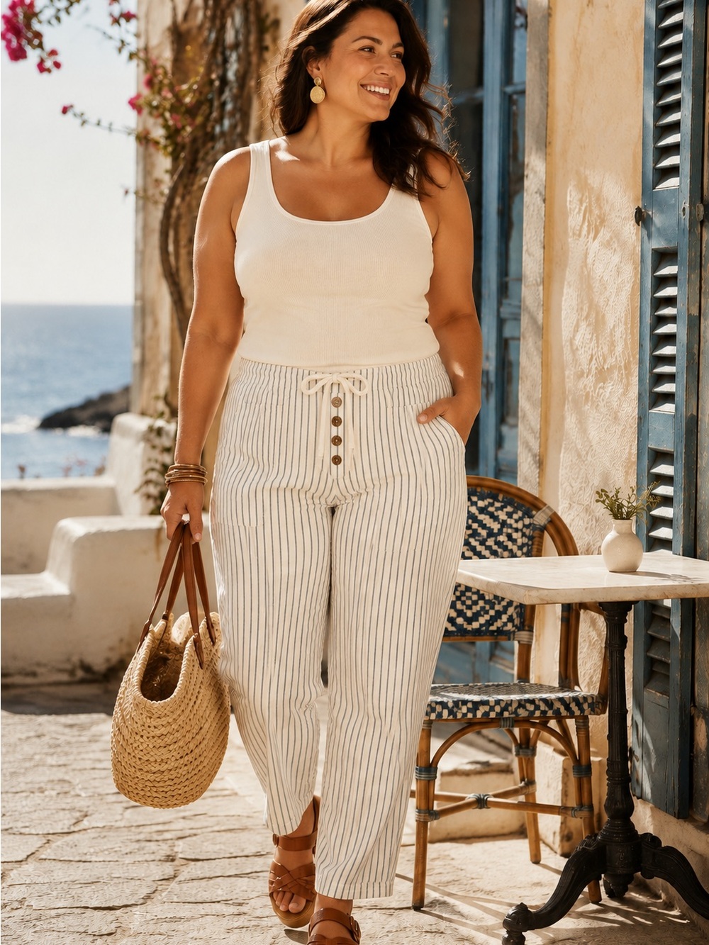 Sundance XL Blue White Striped Cotton Drawstring Straight Leg Pants